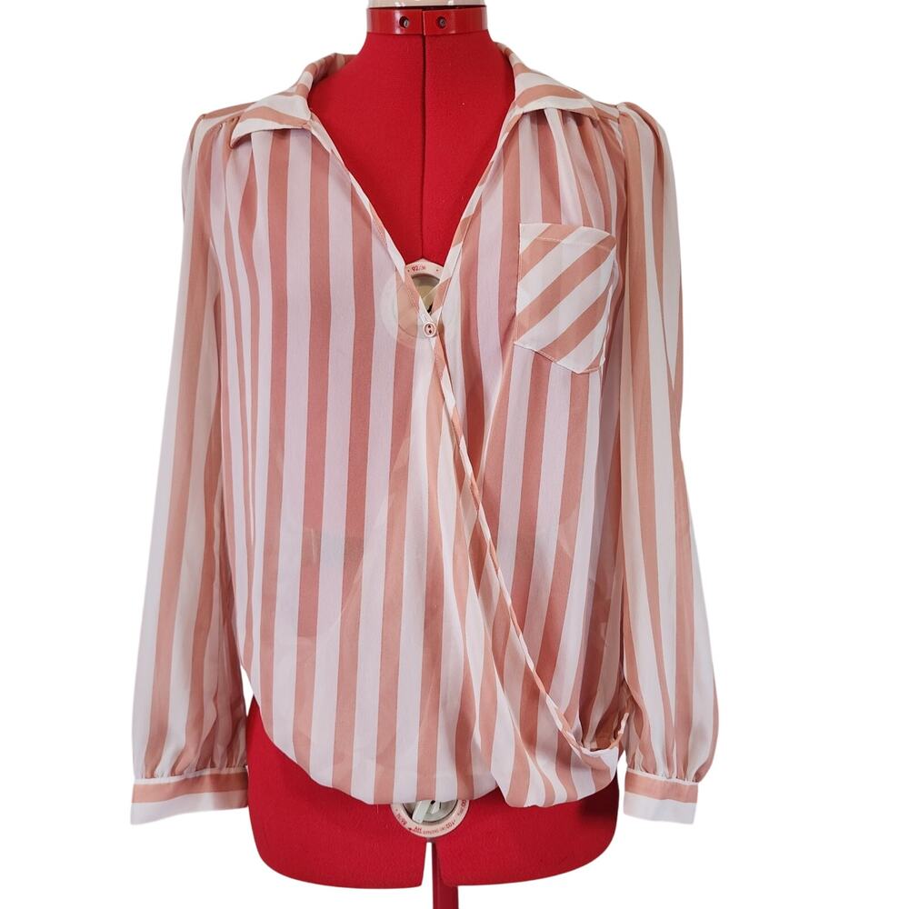 Charming Charlie Coral and White Striped Lightweight Long Sleeve Blouse Size S